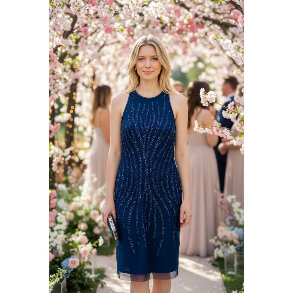 ADRIANNA PAPELL DRESS BLUE BEADED COCKTAIL PARTY EVENING WEDDING GUEST